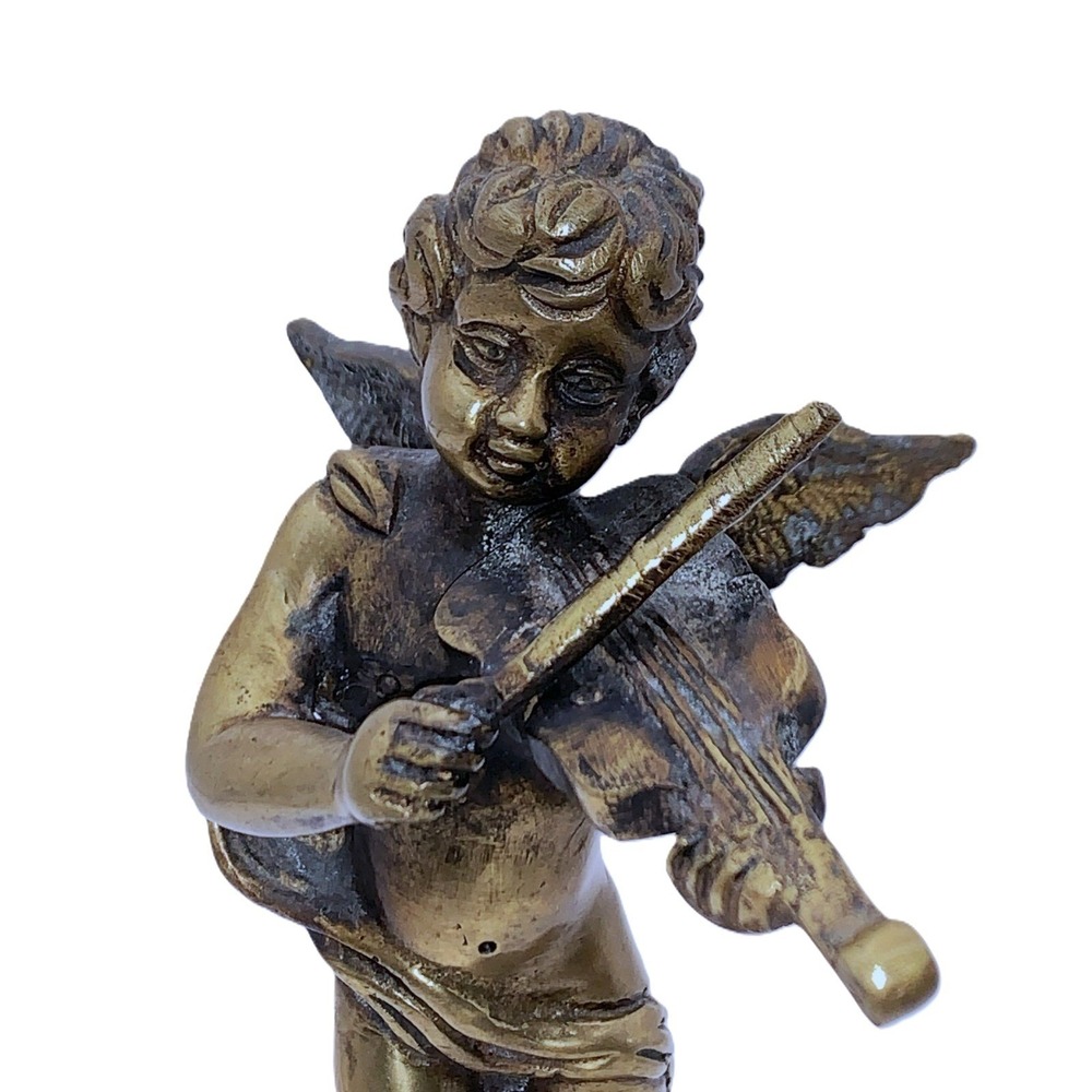 Bronze Classical Cherub Angel w Violin Sculpture Brass‎ Statue Heavy 6.75" Vtg